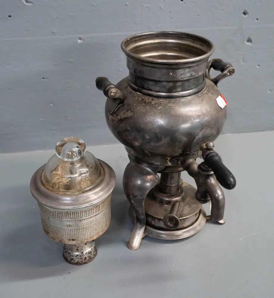 vintage Landers Frary & Clark coffee percolator with spirit burner - spigot with wood handle, clear glass insert on lid, Image 1++