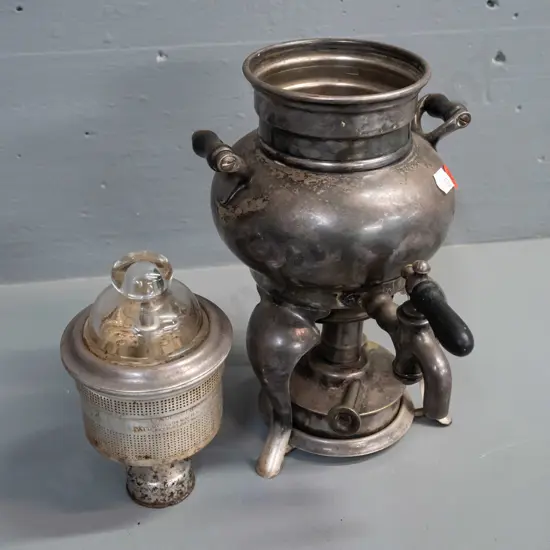 vintage Landers Frary & Clark coffee percolator with spirit burner - spigot with wood handle, clear glass insert on lid,