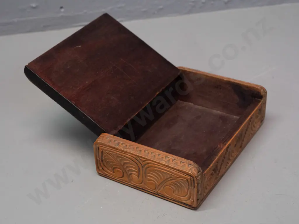 carved native timber trinket box with Maori motif carving, paua inset eyes, hinged lid H-45 W-170 D-110 Image 1++