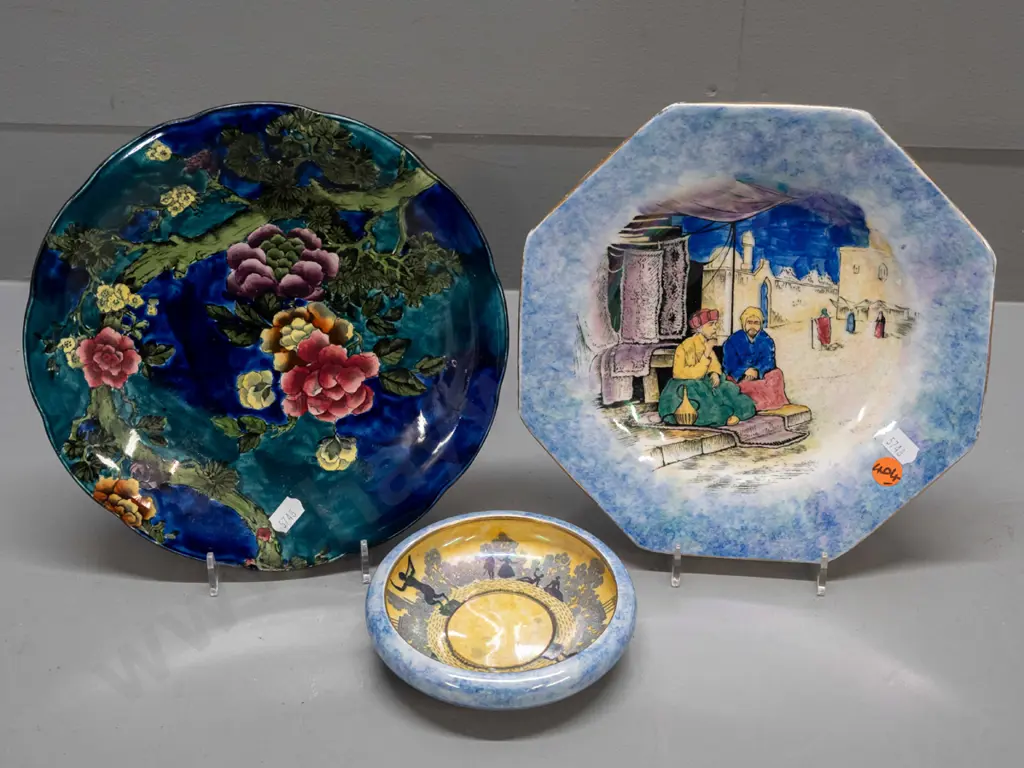 Grimwades Glimpses of the East plate, Byzanta ware dish, and a Corona Ware floral plate D-225 - some wear to gilt, some Image 1++