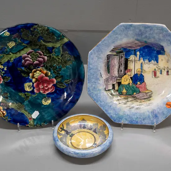 Grimwades Glimpses of the East plate, Byzanta ware dish, and a Corona Ware floral plate D-225 - some wear to gilt, some