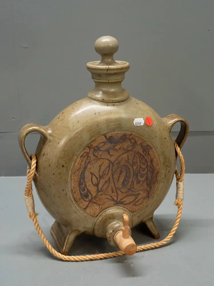 Christopher Clouston New Zealand studio pottery freestanding moon flask with wood spigot, rope handle, Image 1++