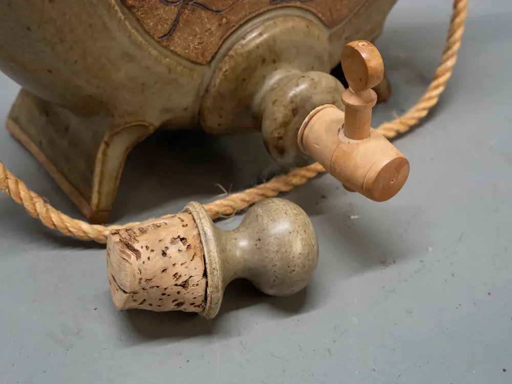 Christopher Clouston New Zealand studio pottery freestanding moon flask with wood spigot, rope handle, Image 1++