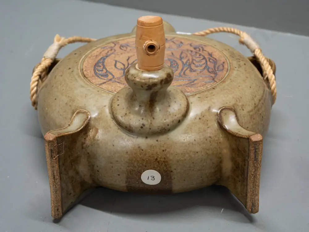 Christopher Clouston New Zealand studio pottery freestanding moon flask with wood spigot, rope handle, Image 1++