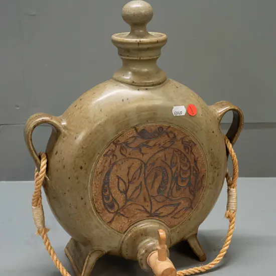 Christopher Clouston New Zealand studio pottery freestanding moon flask with wood spigot, rope handle,