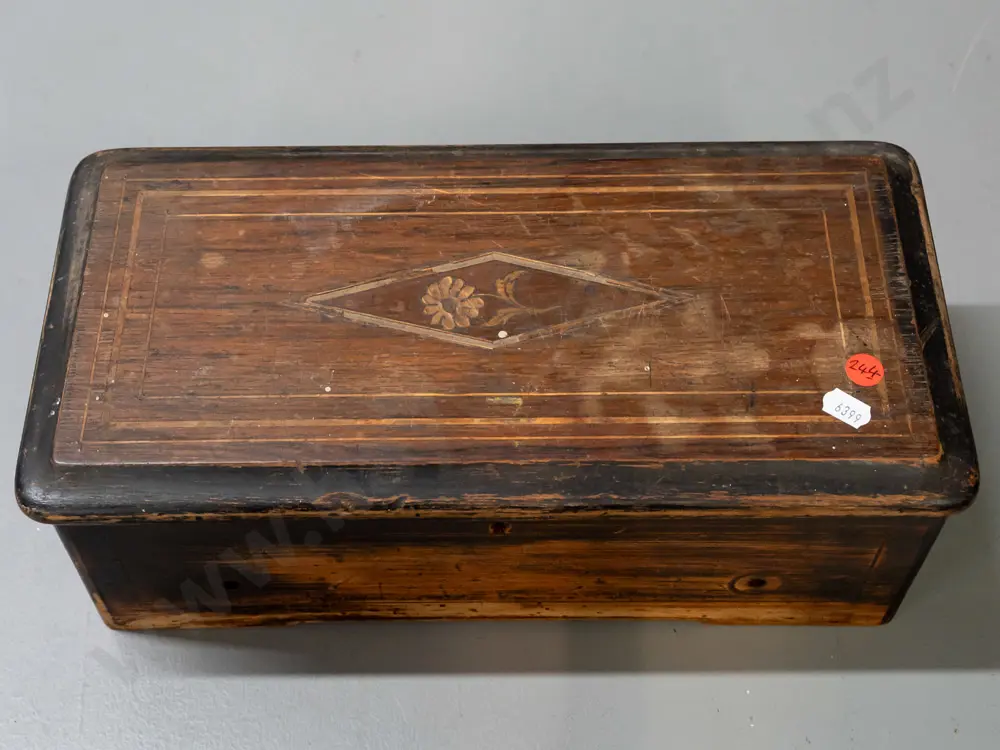 Victorian music box in restorer's condition - inlaid box with brass music mechanism, glazed panel, handwritten song list Image 1++