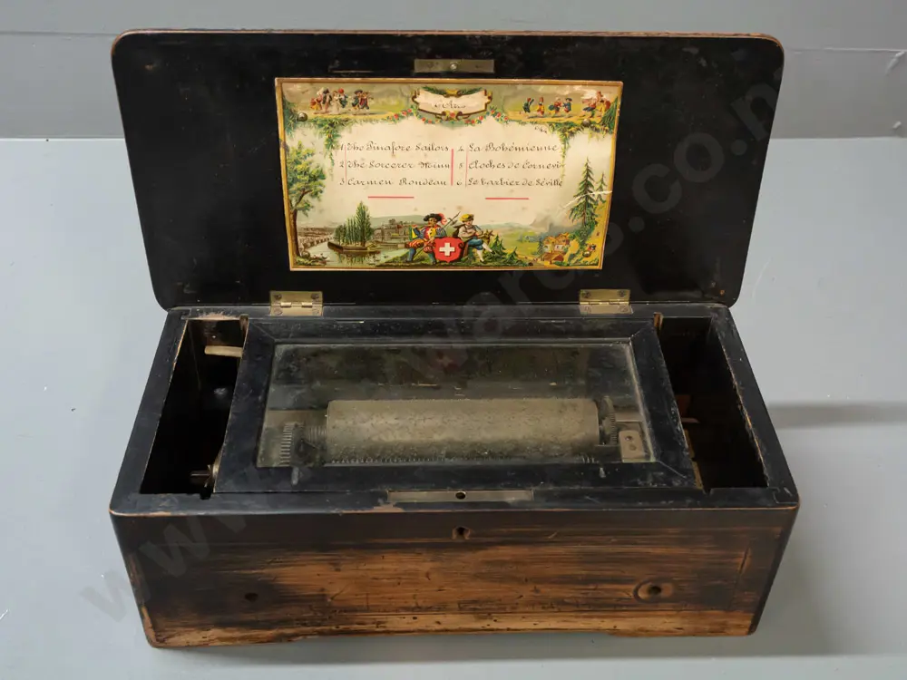 Victorian music box in restorer's condition - inlaid box with brass music mechanism, glazed panel, handwritten song list Image 1++