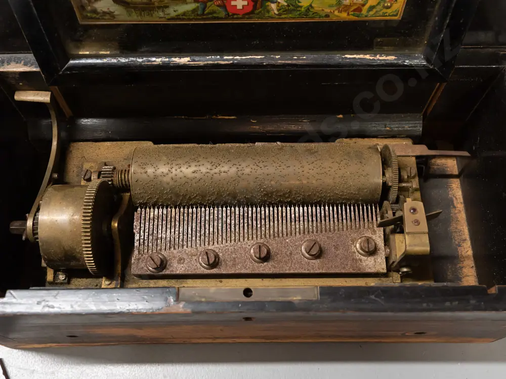 Victorian music box in restorer's condition - inlaid box with brass music mechanism, glazed panel, handwritten song list Image 1++