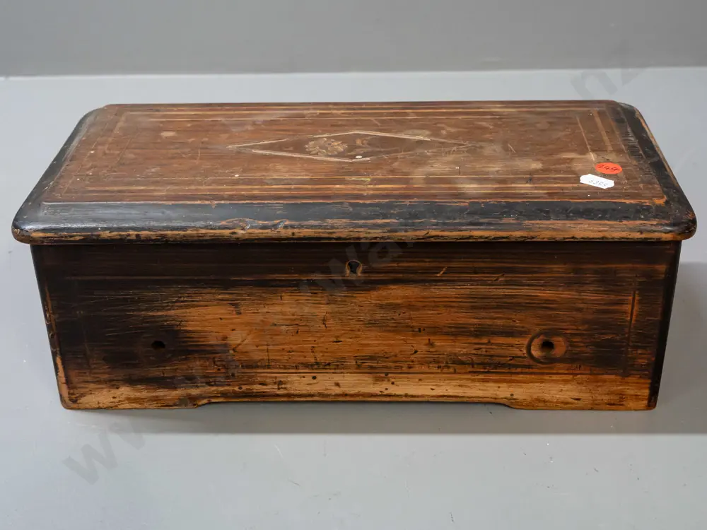 Victorian music box in restorer's condition - inlaid box with brass music mechanism, glazed panel, handwritten song list Image 1++