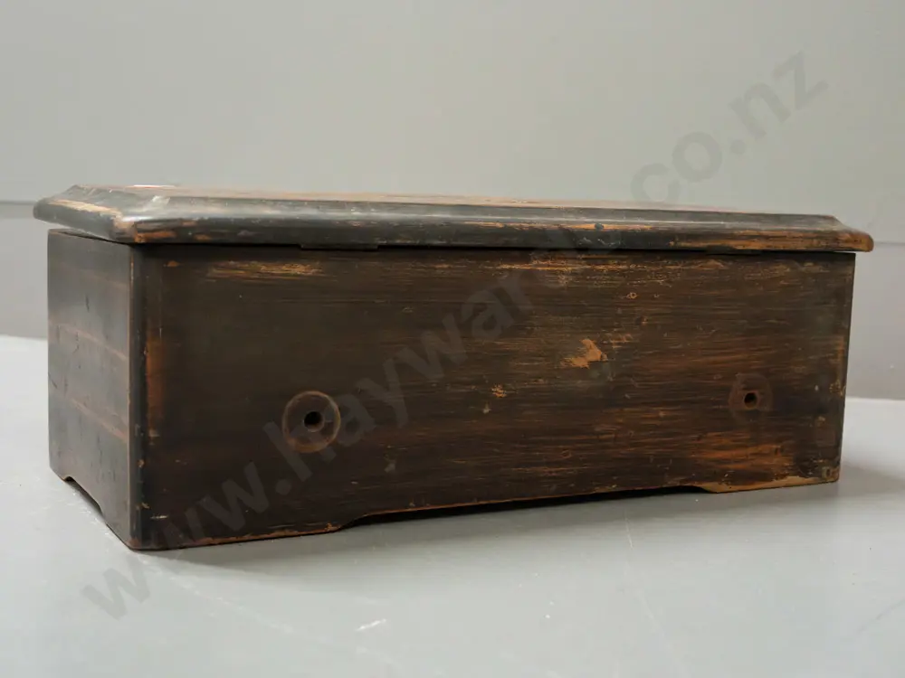 Victorian music box in restorer's condition - inlaid box with brass music mechanism, glazed panel, handwritten song list Image 1++