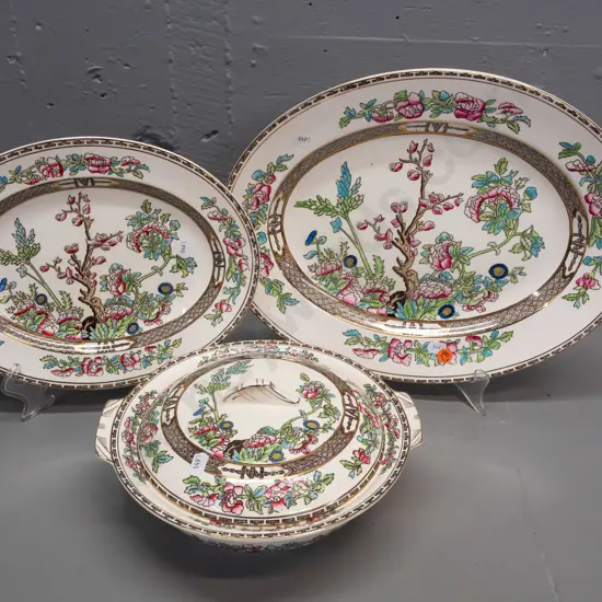 3 vintage pieces of hand painted Meakin Bengal Tree with gilt rims - lidded dish & 2 oval ashetts, larger is L-370