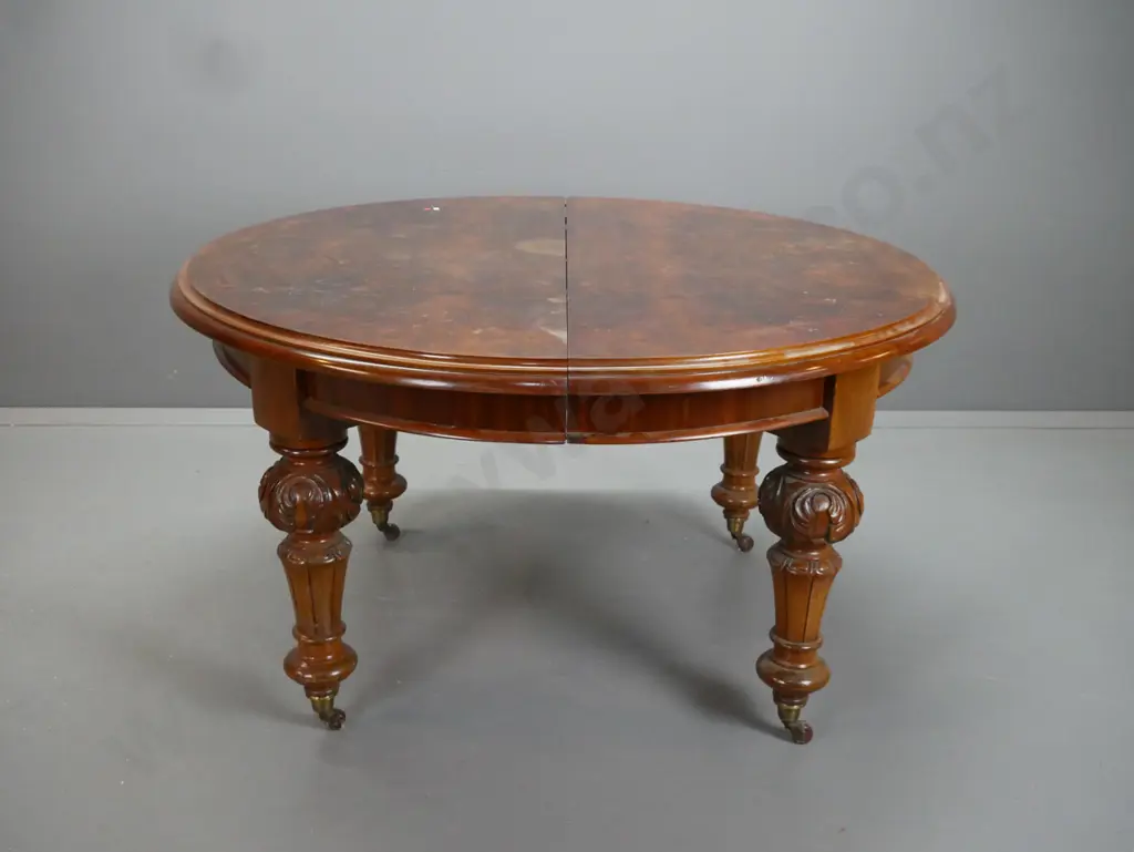 Victorian slide out dining table w/ mahogany base, replacement top and leaves with figured Image 1++