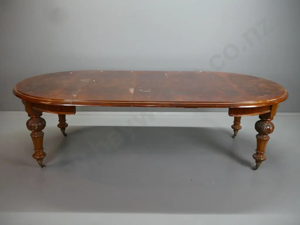 Victorian slide out dining table w/ mahogany base, replacement top and leaves with figured Image 1++