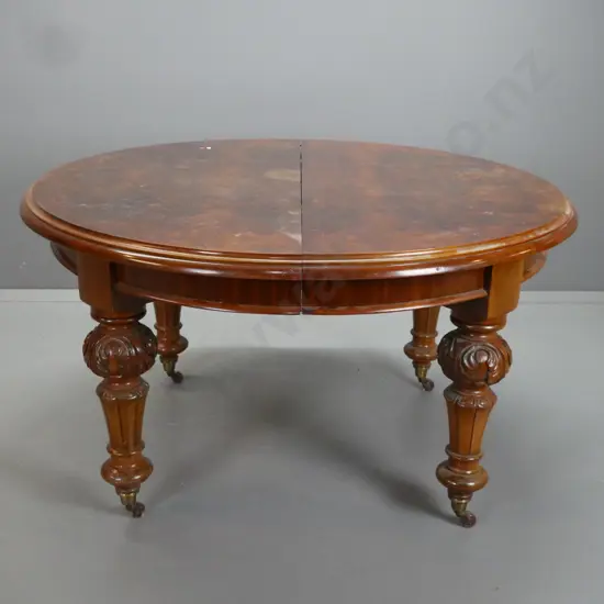 Victorian slide out dining table w/ mahogany base, replacement top and leaves with figured