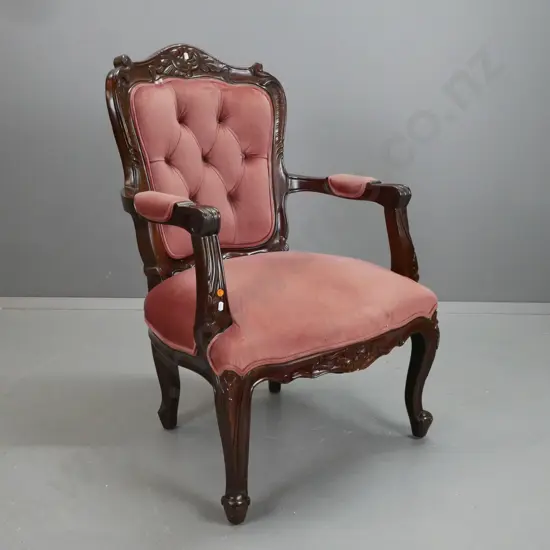 mahogany reproduction Victorian style open arm chair, carved back, fluted arms on cabriole