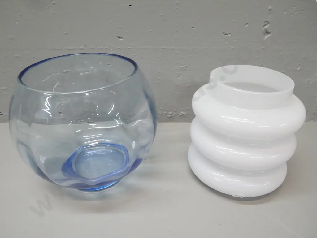 2x vases: light blue bowl shaped vase with faceted sides & circular base; white over clear ribbed vase. Larger H-180 Image 1++