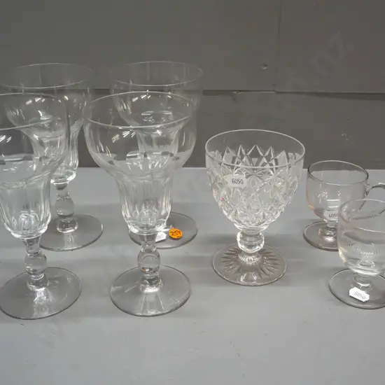 7 glass items - Stuart crystal goblet, 2 small handled & footed liquers, one with etched band, and 4 other stemmed