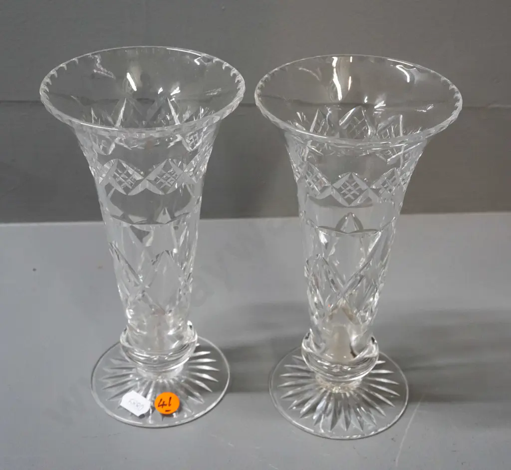 2 Stuart cut crystal flared shape vases with fluted top rim H-190 D-95 at top Image 1++