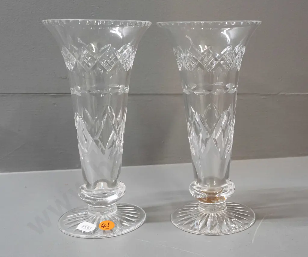 2 Stuart cut crystal flared shape vases with fluted top rim H-190 D-95 at top Image 1++