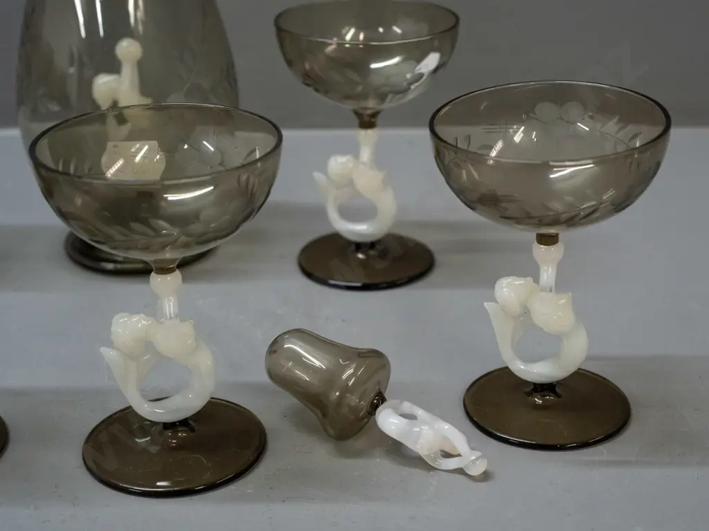 vintage deco style (Bimini Austria?) mermaid stoppered decanter and liqueur glass set: smoked tone with white and clear Image 1++