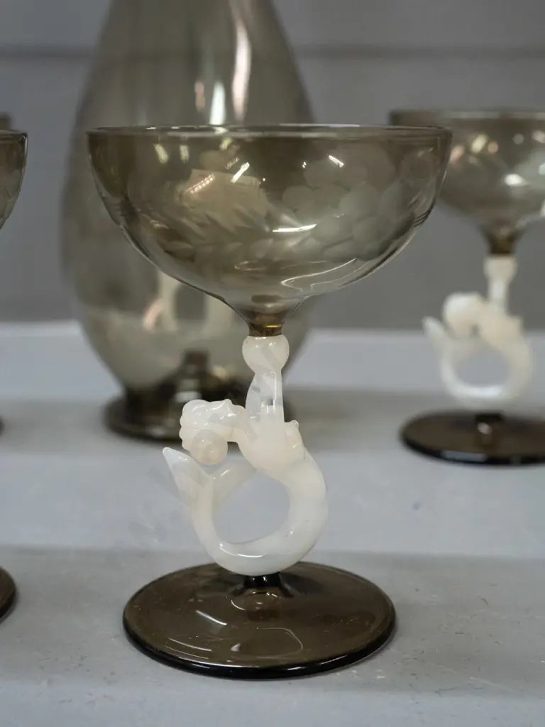 vintage deco style (Bimini Austria?) mermaid stoppered decanter and liqueur glass set: smoked tone with white and clear Image 1++