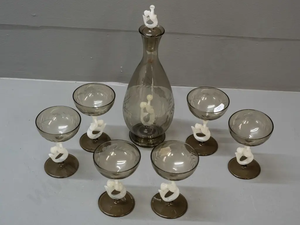 vintage deco style (Bimini Austria?) mermaid stoppered decanter and liqueur glass set: smoked tone with white and clear Image 1++
