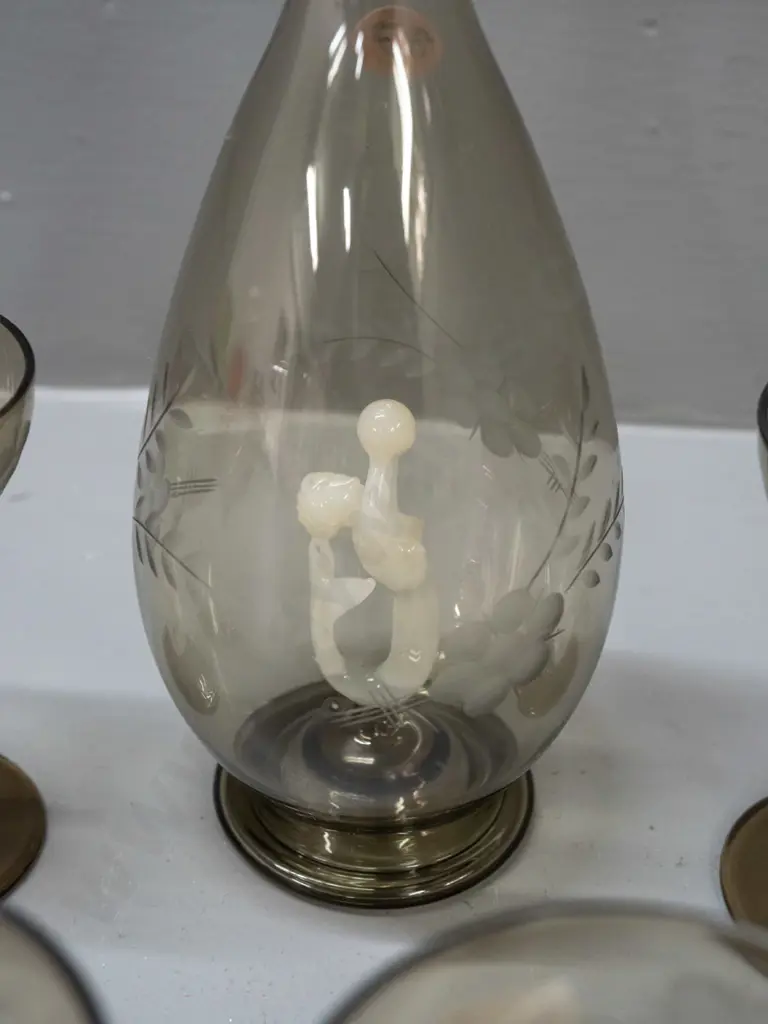 vintage deco style (Bimini Austria?) mermaid stoppered decanter and liqueur glass set: smoked tone with white and clear Image 1++