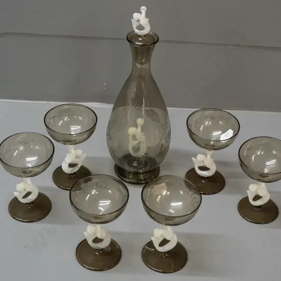 vintage deco style (Bimini Austria?) mermaid stoppered decanter and liqueur glass set: smoked tone with white and clear