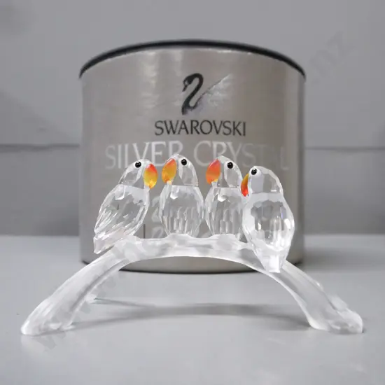 Swarovski miniature four parakeets on branch; w/ original packaging. H-50 L-100