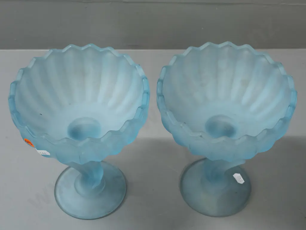 pair of vintage frosted & moulded blue glass comports with fluted & frilled bowl, foliate stem, glows a little under UV Image 1++