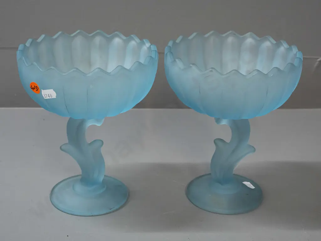 pair of vintage frosted & moulded blue glass comports with fluted & frilled bowl, foliate stem, glows a little under UV Image 1++