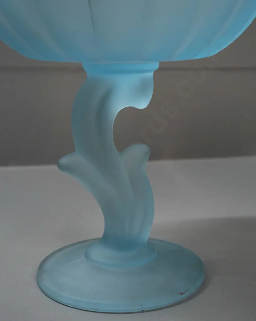 pair of vintage frosted & moulded blue glass comports with fluted & frilled bowl, foliate stem, glows a little under UV Image 1++