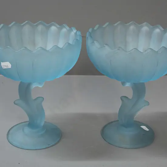 pair of vintage frosted & moulded blue glass comports with fluted & frilled bowl, foliate stem, glows a little under UV