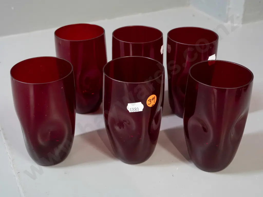 6 dark red glass tumblers with dimpled sides - some scratching H-120 Image 1++