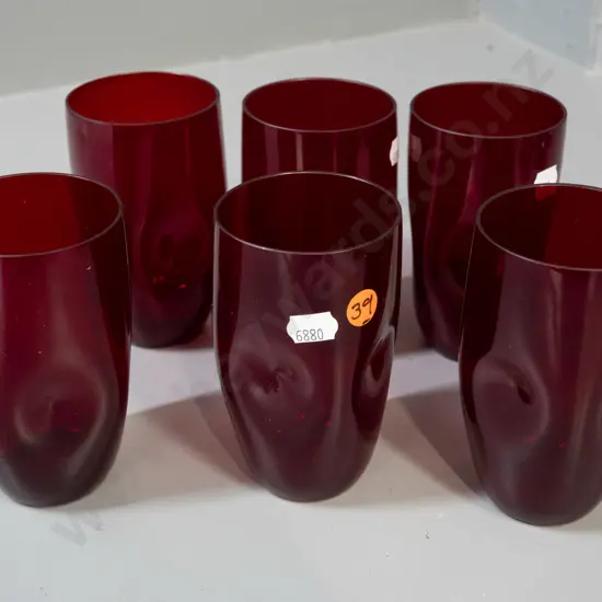 6 dark red glass tumblers with dimpled sides - some scratching H-120