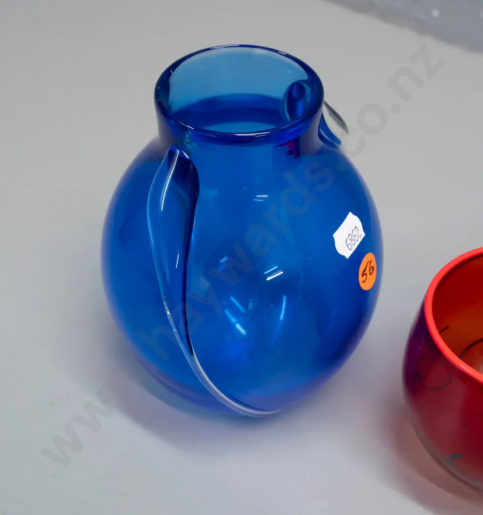 2 pieces of art glass with unknown maker's marks - blue vase with clear applied swirls H-160 and a small red and orange Image 1++
