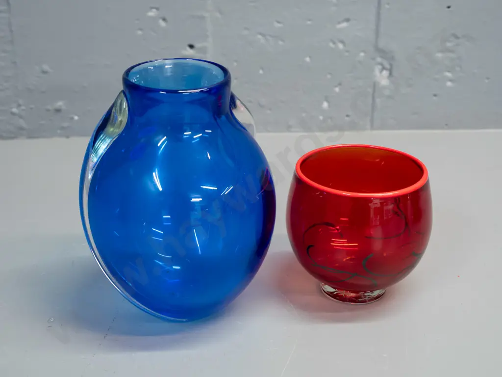 2 pieces of art glass with unknown maker's marks - blue vase with clear applied swirls H-160 and a small red and orange Image 1++