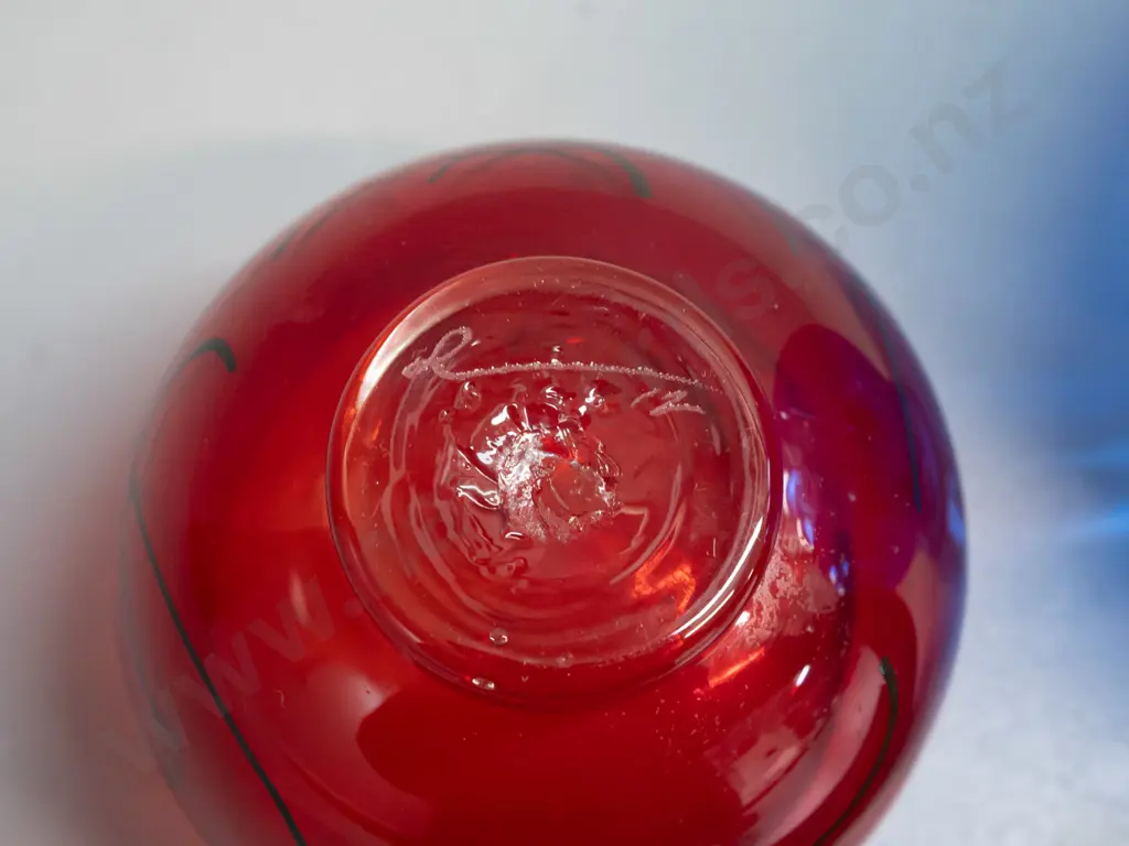 2 pieces of art glass with unknown maker's marks - blue vase with clear applied swirls H-160 and a small red and orange Image 1++