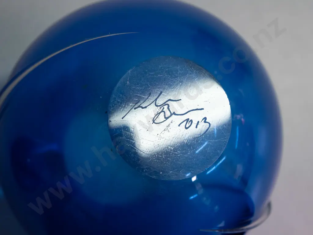 2 pieces of art glass with unknown maker's marks - blue vase with clear applied swirls H-160 and a small red and orange Image 1++