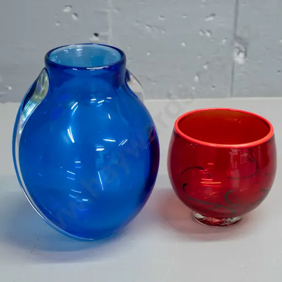2 pieces of art glass with unknown maker's marks - blue vase with clear applied swirls H-160 and a small red and orange