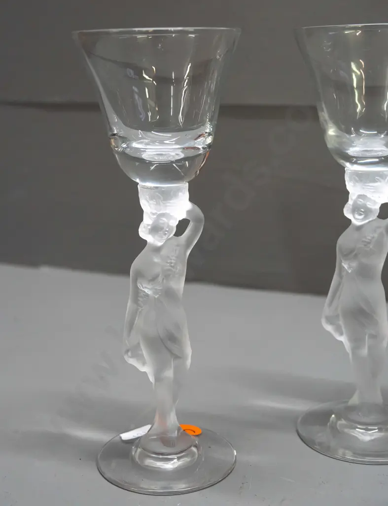 6 liqueur glasses with frosted moulded glass figural stems H-155 D-55 at top Image 1++
