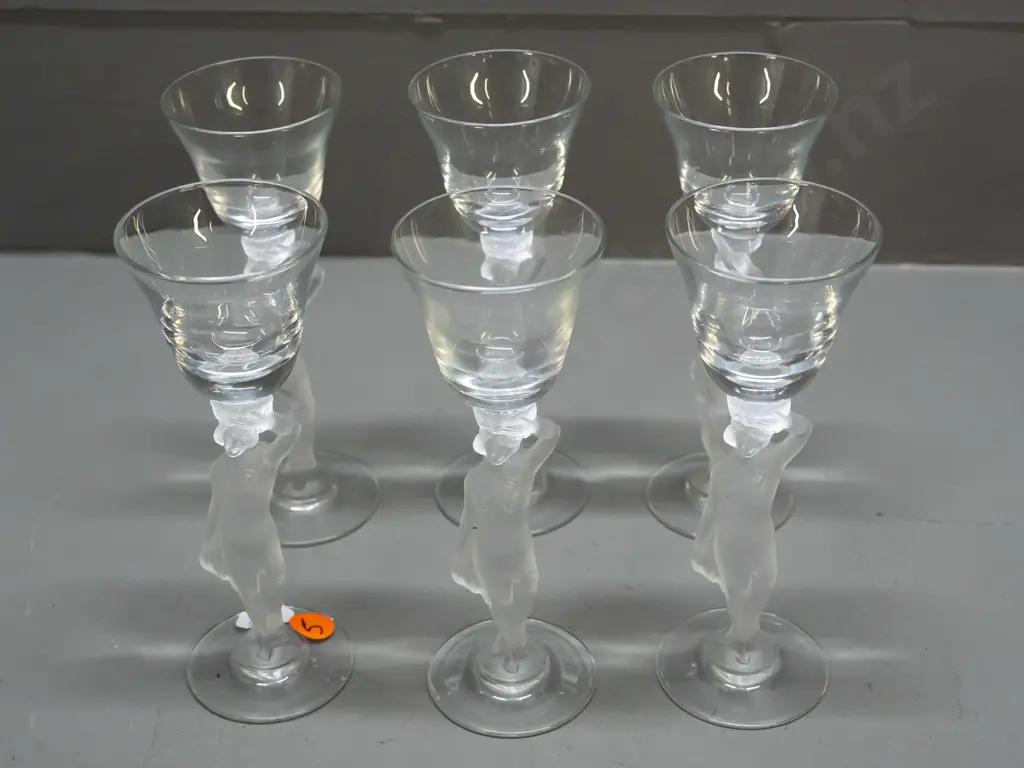6 liqueur glasses with frosted moulded glass figural stems H-155 D-55 at top Image 1++