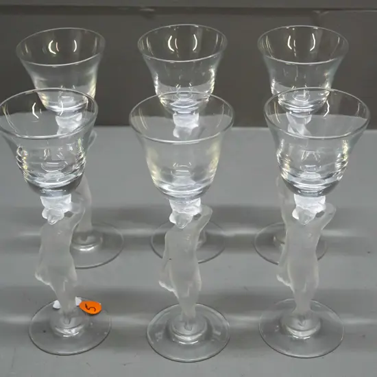 6 liqueur glasses with frosted moulded glass figural stems H-155 D-55 at top