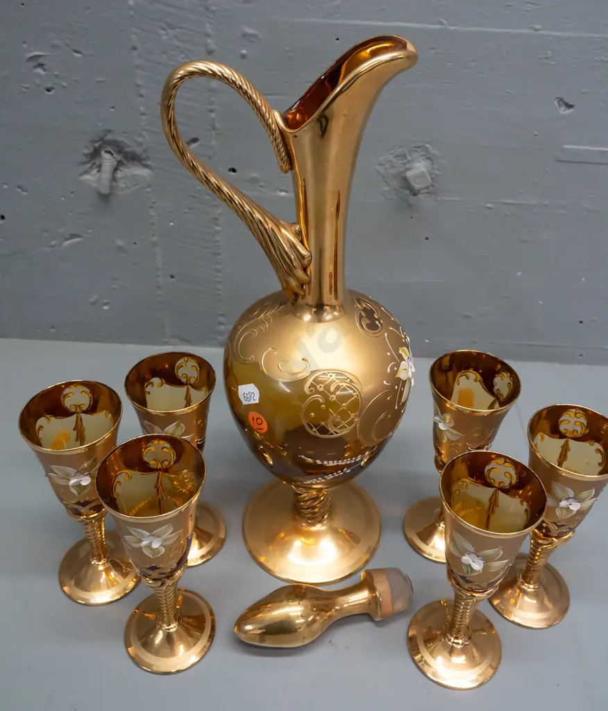 hand decorated Venetian heavily gilded amber glass liqueur set - stoppered wer jug and 6 glasses with gilded twist Image 1++