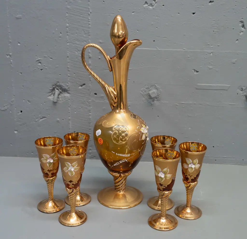 hand decorated Venetian heavily gilded amber glass liqueur set - stoppered wer jug and 6 glasses with gilded twist Image 1++