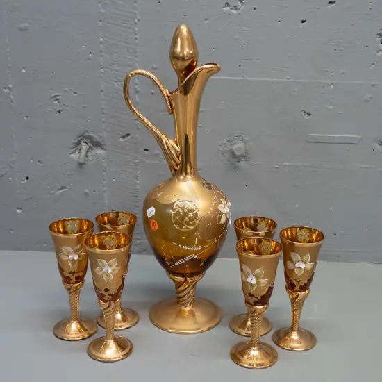 hand decorated Venetian heavily gilded amber glass liqueur set - stoppered wer jug and 6 glasses with gilded twist