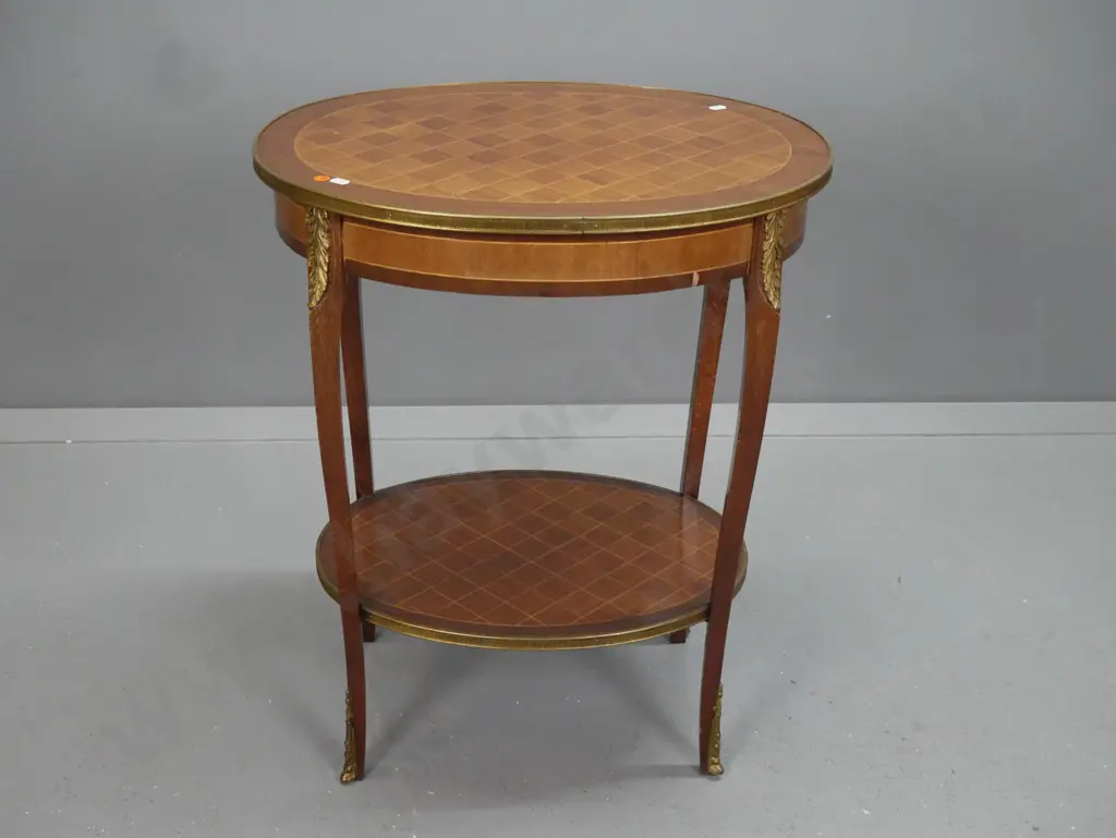 reproduction French style oval 2-tier side table with mixed timber parquetry & boxwood stringing, applied brass Image 1++