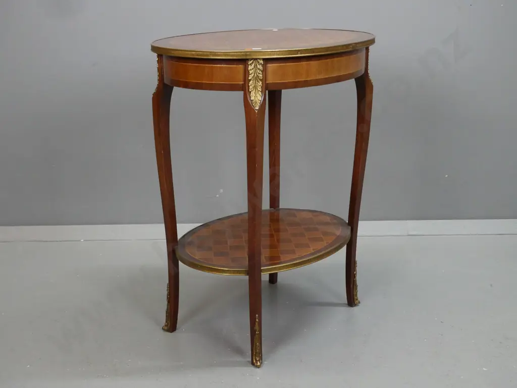 reproduction French style oval 2-tier side table with mixed timber parquetry & boxwood stringing, applied brass Image 1++