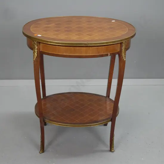 reproduction French style oval 2-tier side table with mixed timber parquetry & boxwood stringing, applied brass