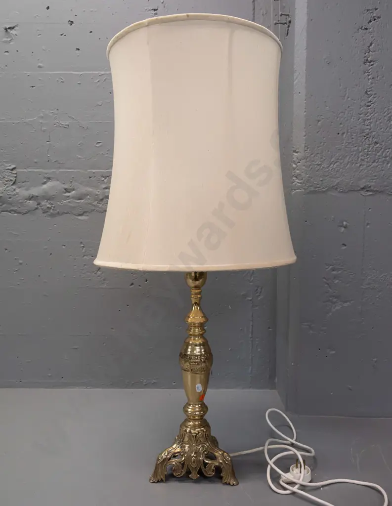 polished cast brass table lamp with waisted fabric shade H-800 Image 1++